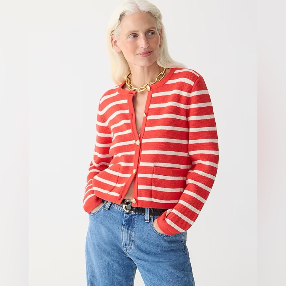 J Crew Emilie Sweater Lady Jacket Striped Red White Sz L BQ196 Waldo
